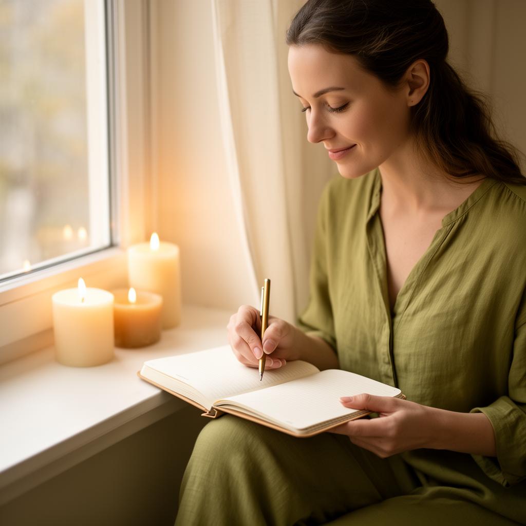 Woman journaling by candlelight